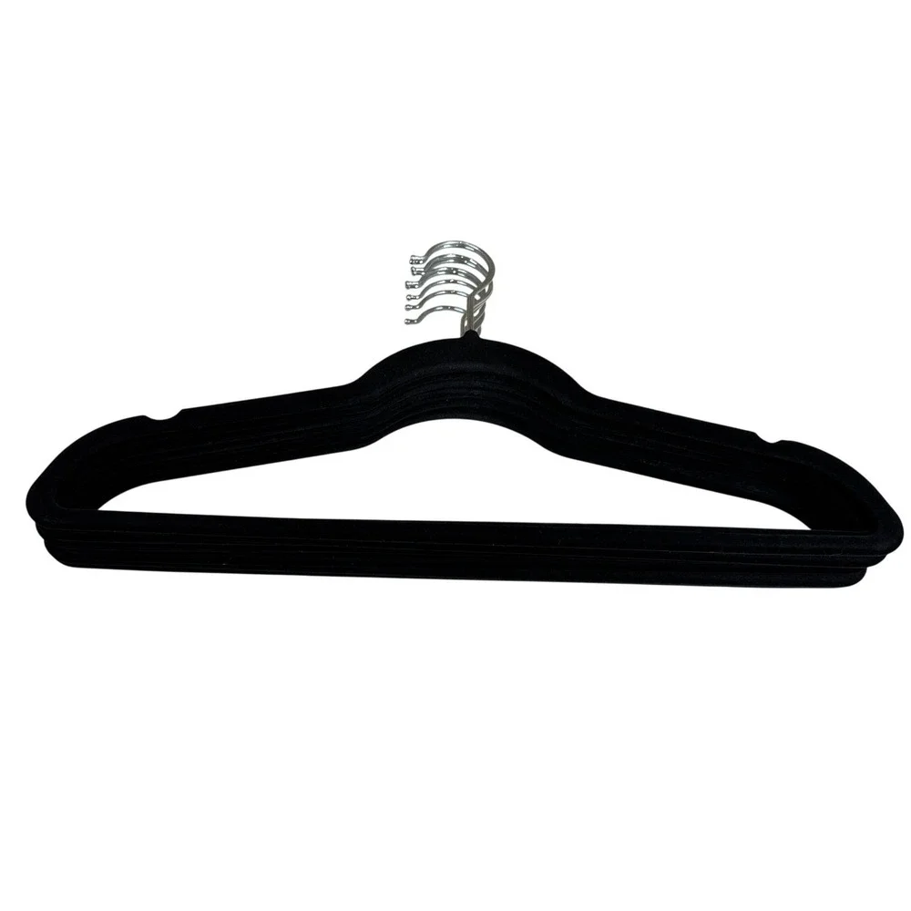 Set of 10 Black Velvet Non-Slip Clothes Hangers Chrome Swivel Hook Space Saving
